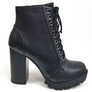 Classic Lace-Up Side Zipper Platform Ankle Boots - Black
